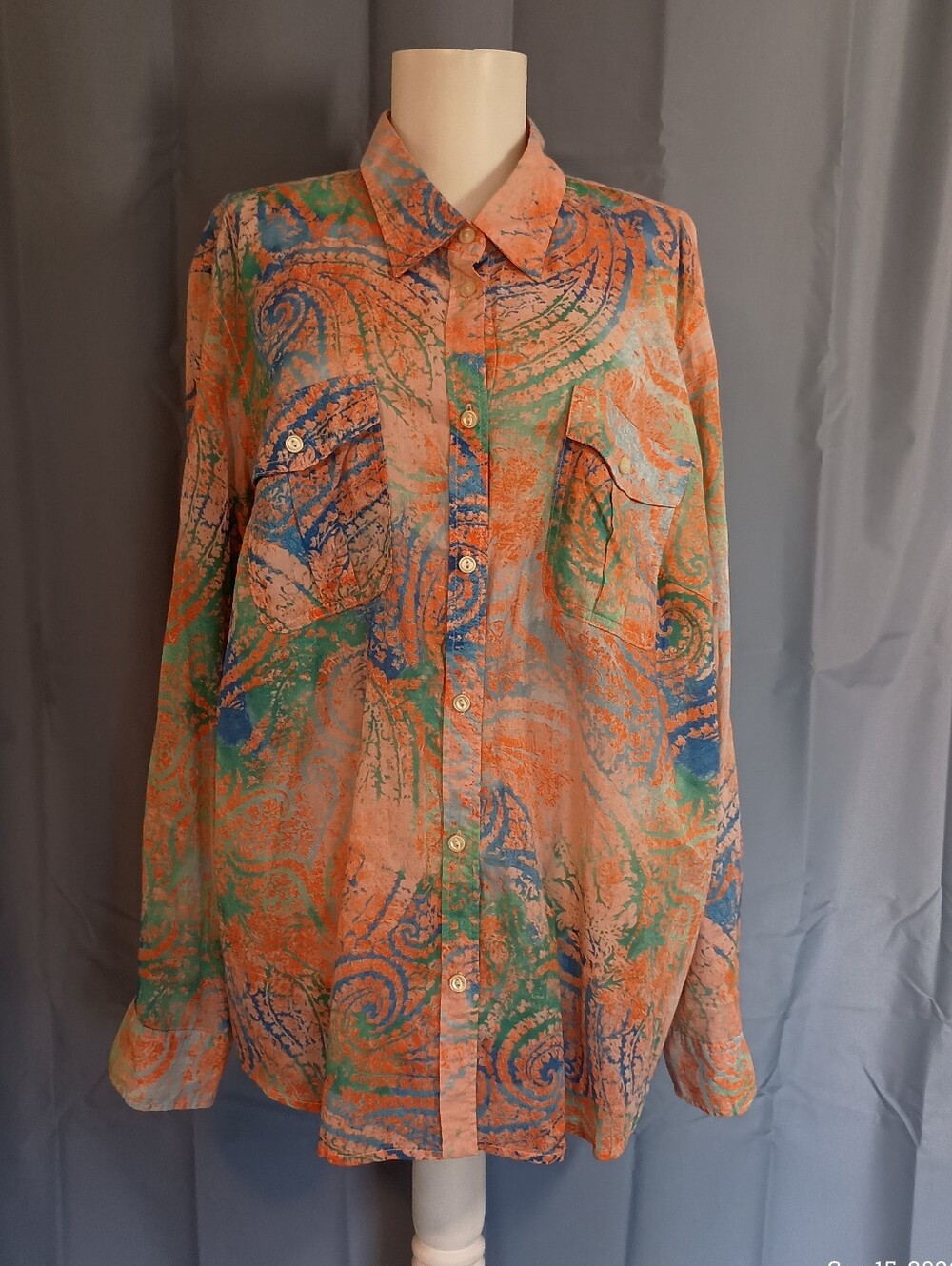 LRL Lauren Jeans Paisley Button Up Blouse Size 2X Boho Roll tab Sleeve Cotton